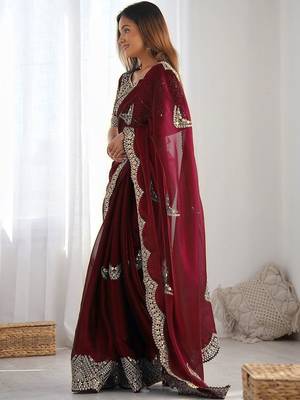 Maroon tissue silk sequin embroideried scalloped border blouse piece & sarees 3