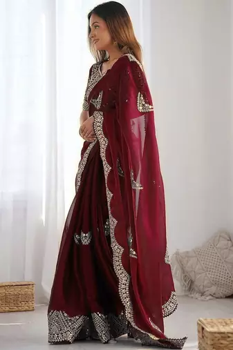 Maroon tissue silk sequin embroideried scalloped border blouse piece & sarees