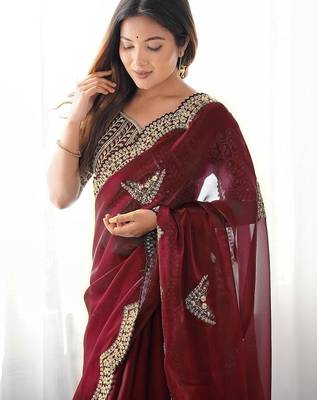Maroon tissue silk sequin embroideried scalloped border blouse piece & sarees 4