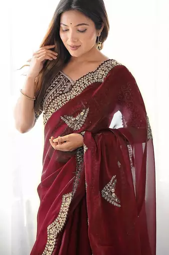 Maroon tissue silk sequin embroideried scalloped border blouse piece & sarees