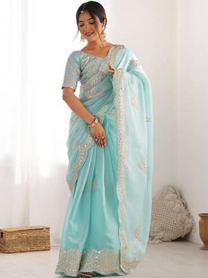 Blue tissue silk sequin embroideried scollped border festive blouse piece & sarees 1