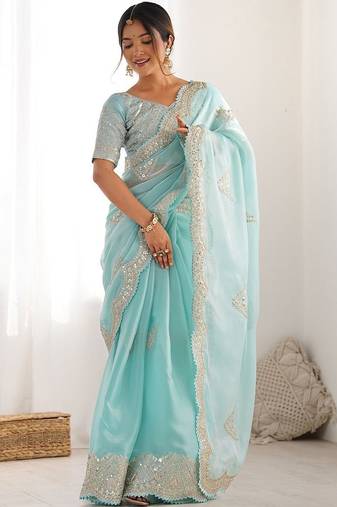 Blue tissue silk sequin embroideried scollped border festive blouse piece & sarees