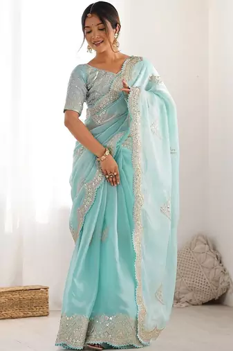 Blue tissue silk sequin embroideried scollped border festive blouse piece & sarees