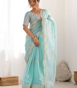 Blue tissue silk sequin embroideried scollped border festive blouse piece & sarees