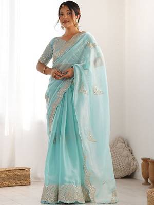 Blue tissue silk sequin embroideried scollped border festive blouse piece & sarees 2