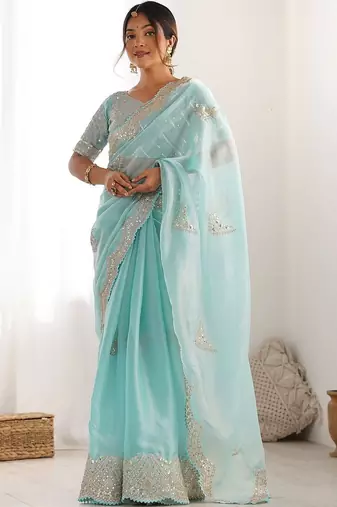 Blue tissue silk sequin embroideried scollped border festive blouse piece & sarees