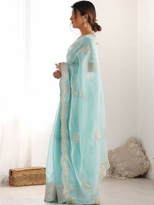 Blue tissue silk sequin embroideried scollped border festive blouse piece & sarees 3