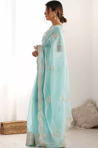 Blue tissue silk sequin embroideried scollped border festive blouse piece & sarees