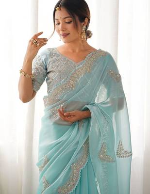 Blue tissue silk sequin embroideried scollped border festive blouse piece & sarees 4