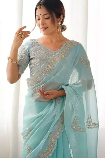 Blue tissue silk sequin embroideried scollped border festive blouse piece & sarees