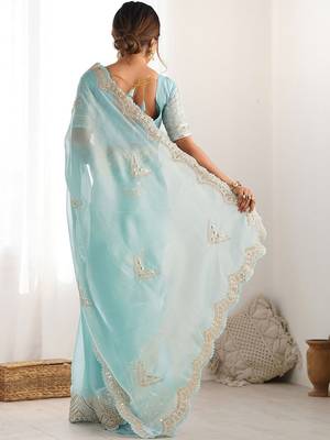 Blue tissue silk sequin embroideried scollped border festive blouse piece & sarees 5