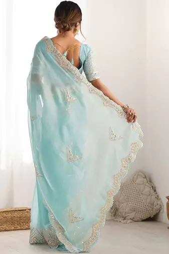 Blue tissue silk sequin embroideried scollped border festive blouse piece & sarees