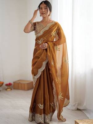 Yellow tissue silk scalloped border sequins embroideried blouse piece & sarees 1