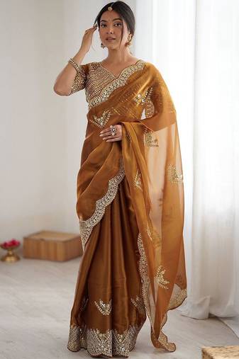 Yellow tissue silk scalloped border sequins embroideried blouse piece & sarees