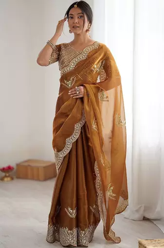 Yellow tissue silk scalloped border sequins embroideried blouse piece & sarees
