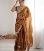 Yellow tissue silk scalloped border sequins embroideried blouse piece & sarees