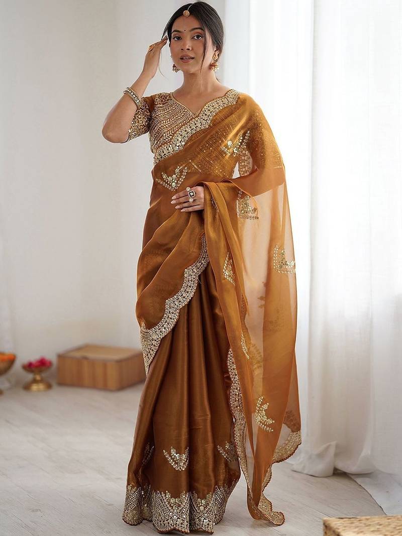 Yellow tissue silk scalloped border sequins embroideried blouse piece & sarees