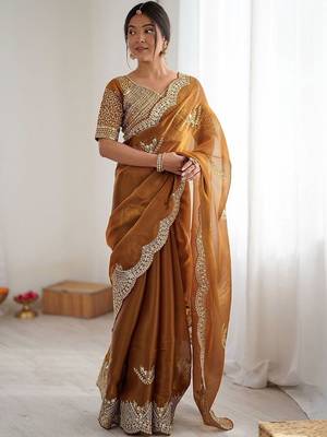 Yellow tissue silk scalloped border sequins embroideried blouse piece & sarees 2