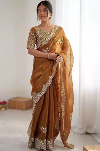 Yellow tissue silk scalloped border sequins embroideried blouse piece & sarees