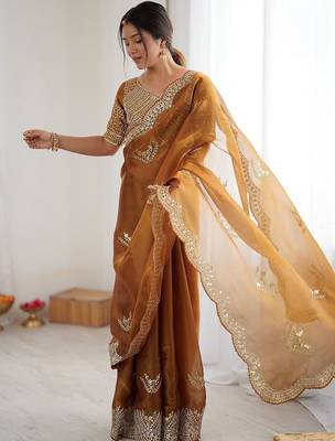 Yellow tissue silk scalloped border sequins embroideried blouse piece & sarees 3