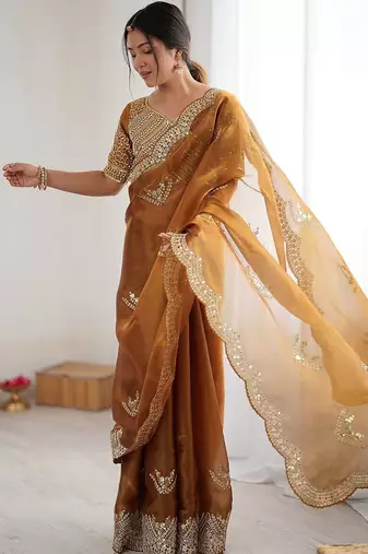 Yellow tissue silk scalloped border sequins embroideried blouse piece & sarees