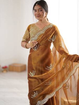 Yellow tissue silk scalloped border sequins embroideried blouse piece & sarees 4