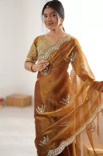 Yellow tissue silk scalloped border sequins embroideried blouse piece & sarees