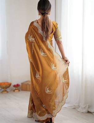 Yellow tissue silk scalloped border sequins embroideried blouse piece & sarees 5