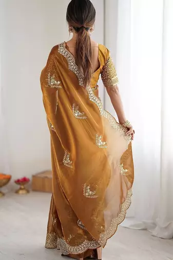 Yellow tissue silk scalloped border sequins embroideried blouse piece & sarees
