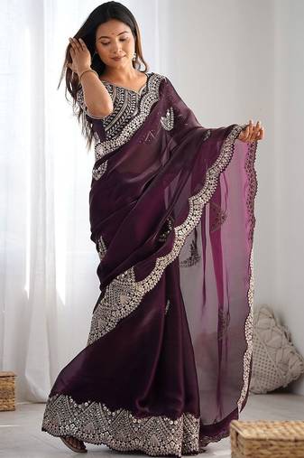 Purple tissue silk sequin embroideried scollped border festive blouse piece & sarees
