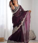 Purple tissue silk sequin embroideried scollped border festive blouse piece & sarees