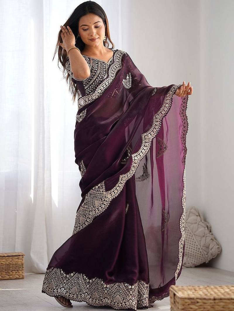 Purple tissue silk sequin embroideried scollped border festive blouse piece & sarees