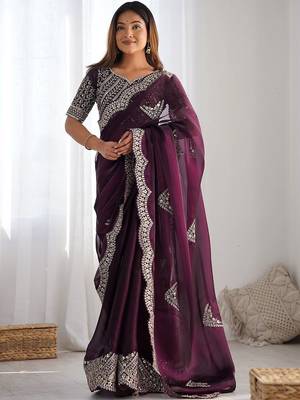 Purple tissue silk sequin embroideried scollped border festive blouse piece & sarees 2