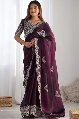 Purple tissue silk sequin embroideried scollped border festive blouse piece & sarees