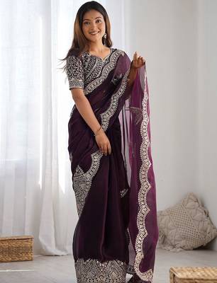 Purple tissue silk sequin embroideried scollped border festive blouse piece & sarees 3