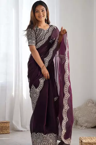 Purple tissue silk sequin embroideried scollped border festive blouse piece & sarees
