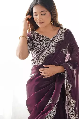 Purple tissue silk sequin embroideried scollped border festive blouse piece & sarees