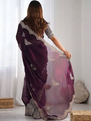 Purple tissue silk sequin embroideried scollped border festive blouse piece & sarees 5