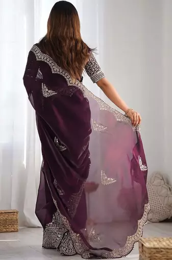 Purple tissue silk sequin embroideried scollped border festive blouse piece & sarees