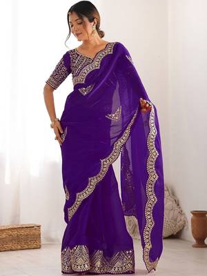 Purple tissue silk sequin embroideried scalloped border blouse piece & sarees 1