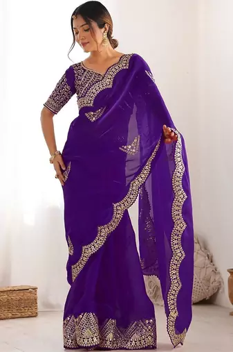 Purple tissue silk sequin embroideried scalloped border blouse piece & sarees