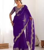 Purple tissue silk sequin embroideried scalloped border blouse piece & sarees