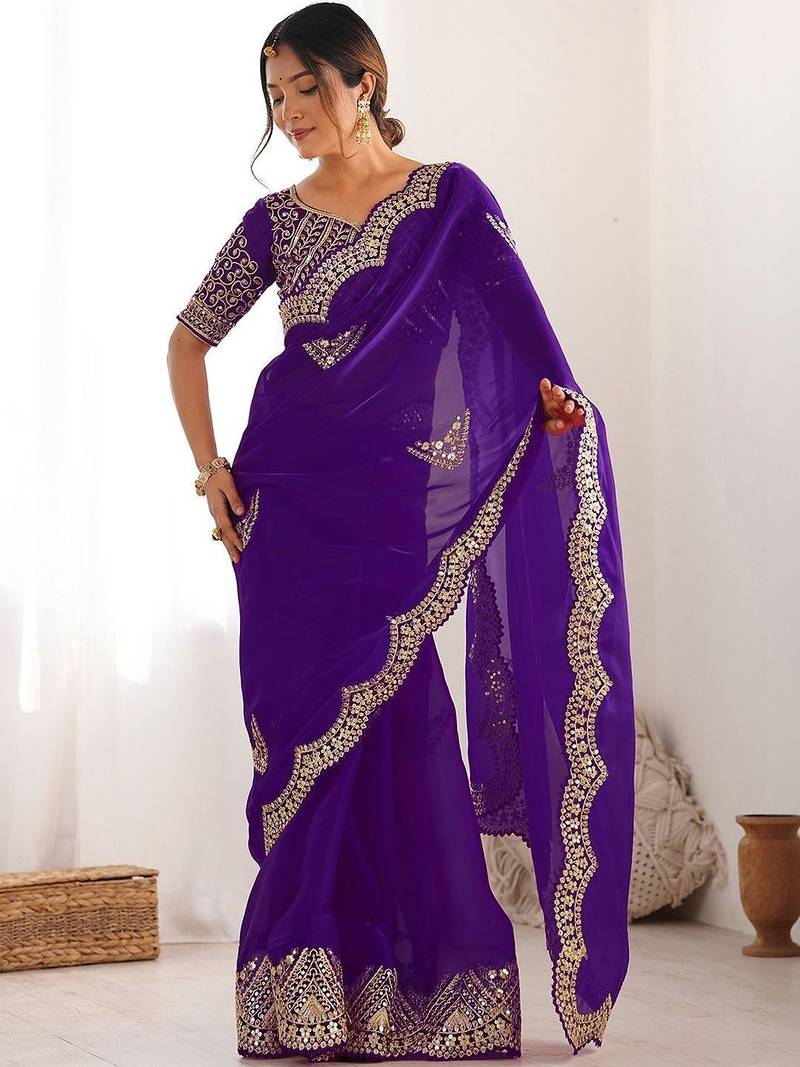Purple tissue silk sequin embroideried scalloped border blouse piece & sarees