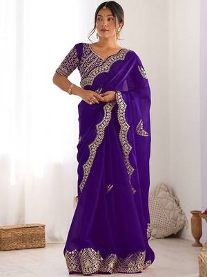 Purple tissue silk sequin embroideried scalloped border blouse piece & sarees 2