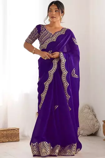 Purple tissue silk sequin embroideried scalloped border blouse piece & sarees