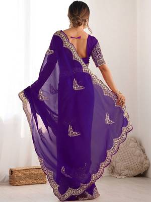 Purple tissue silk sequin embroideried scalloped border blouse piece & sarees 3