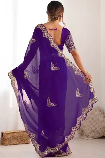 Purple tissue silk sequin embroideried scalloped border blouse piece & sarees