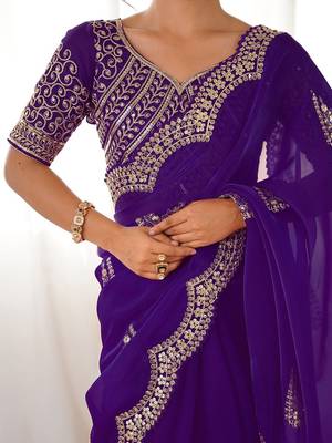 Purple tissue silk sequin embroideried scalloped border blouse piece & sarees 4