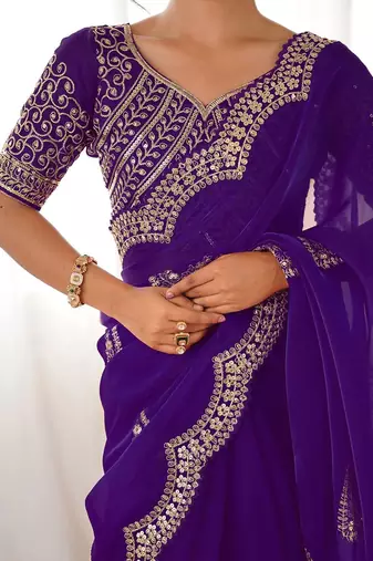 Purple tissue silk sequin embroideried scalloped border blouse piece & sarees