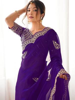 Purple tissue silk sequin embroideried scalloped border blouse piece & sarees 5